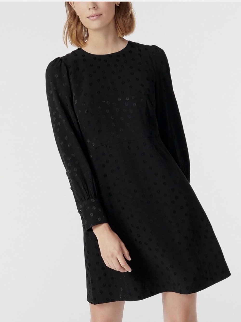 J. Crew Black Long-Sleeve Polka Dot Midi Dress